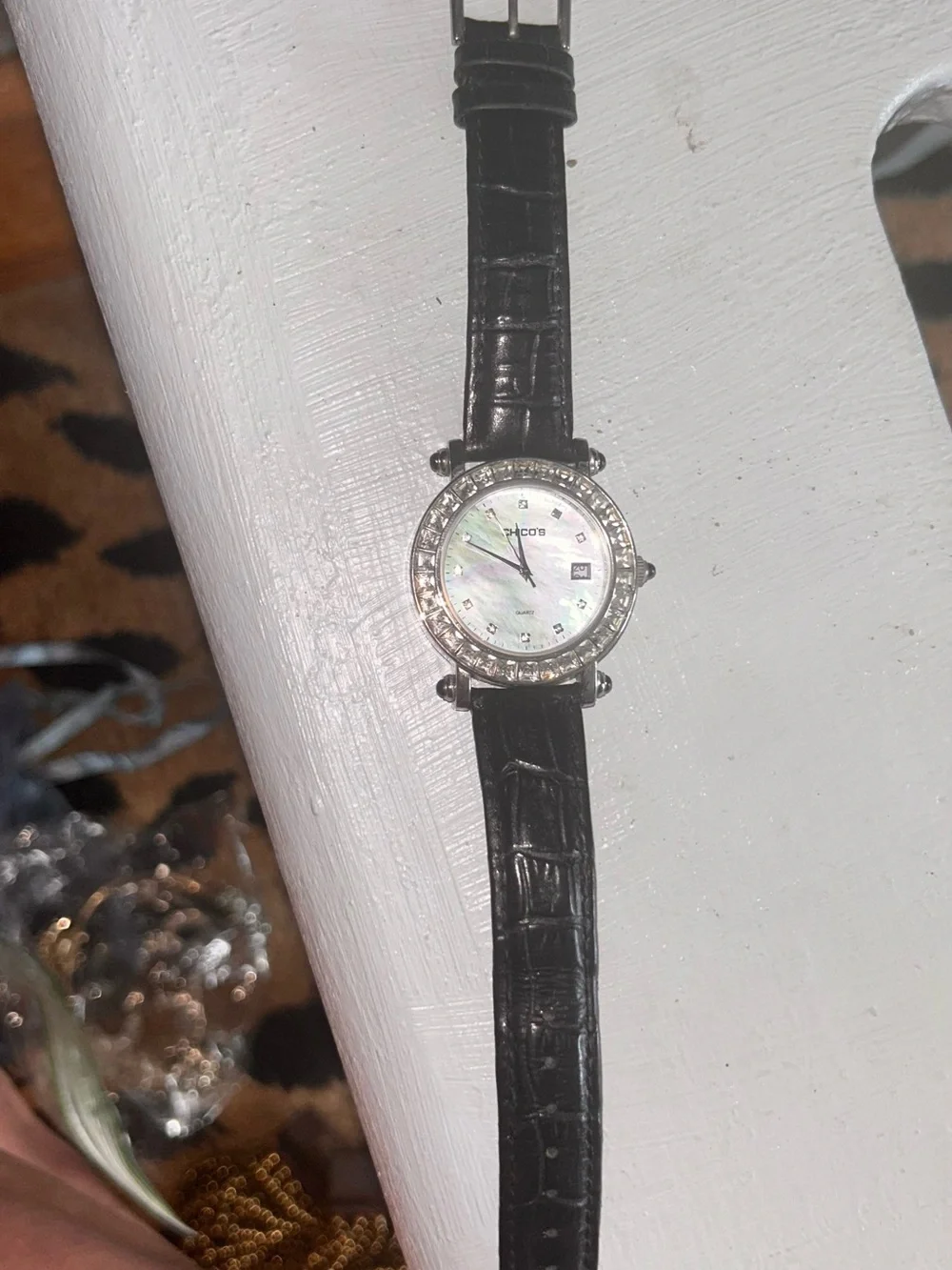 Womens Chicos Watch with rhinestone circled face on Leather Strap